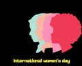 International womens day banner with colored womens face silhouette on Black background