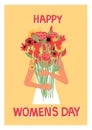 International womens Day card, 8 March poster. woman hold big flowers bouquet. Congratulation text. Beautiful botanical