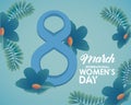 international womens day celebration poster with number eight blue flowers