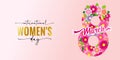 International womens day elegant lettering and pink flowers in 8