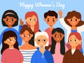 International womens day, female diverse group concept. Cute girls crowd vector background illustration. Happy