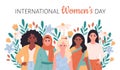 International Womens Day. Feminism and woman equality, empowerment. Sisterhood, friend support. Vector illustration in