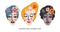 International Womens Day holiday greeting card, invitation. Modern beautiful women faces of different cultures and