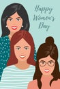 International Womens Day. Illustration of smiling women. Cute flat vector