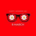 International Womens Day. 8 March. Black hipster glasses with white flowers