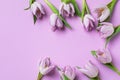 International Womens Day or mothers day greeting card. Tulip flowers on pastel lilac table top view. Spring background Royalty Free Stock Photo