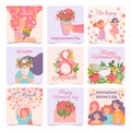 International womens day. Posters with happy dancing woman and spring flowers celebrating 8 march. Cartoon female hold Royalty Free Stock Photo