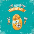 International workers day or labour day greeting card . vector funny cartoon brown smiling worker potato with engineer