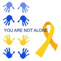 International world Childhood cancer day poster. Colourful handprints like hope symbol.You are not alone concept.Help and support.