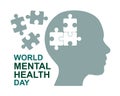 International world mental health day, psychology poster with human head and brain in puzzle form - vector