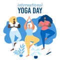 International yoga day. Body positive concept. Multinational yoga class. international group of attractive plus size girls doing