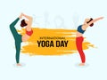 International Yoga Day Concept, Women Doing Yoga in Different Poses on Chrome Yellow Brush Stroke Effect