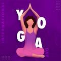 International Yoga Day Font With Faceless Young Lady Meditating In Lotus Pose On Purple Marbling