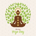 Yoga Day greeting card of woman lotus pose tree Royalty Free Stock Photo