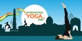 International Yoga Day Illustration with Woman Yoga Silhouette body postures. Fitness girl doing yoga for fitness and wellness.