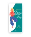 International yoga day - June 21 - social media story template with blond woman in tree pose or vrikshasana yoga asana