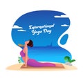 International Yoga Day Poster Design With Young Lady Practicing Bhujangasana Pose On White And Blue Seaside