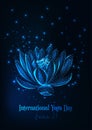 International yoga day poster template with glowing low polygonal water lily, lotus flower Royalty Free Stock Photo