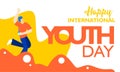 International youth day, August 12 th. with active and passionate young people illustration. on orange wavy shape and white backgr