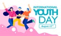 International youth day, August 12 th. with active and passionate young people illustration. on pink wavy shape and white backgrou