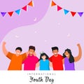 International Youth Day Concept With Cartoon Teenage Friends Together On Pastel Violet And White