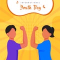 International Youth Day Concept With Faceless Young Boy And Girl Showing Strong Arms On Yellow Rays Halftone