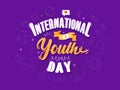 International Youth Day horizontal banner template. Playful caption with like bubble, film tape, video player, soccer ball, gaming