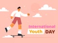 International Youth Day horizontal banner template. Young guy in T-shirt and shorts on skateboard with clouds and decorative