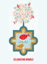 Nowruz greeting card. Spring tree with flowers. Arabian text Happy New Year Greeting card with classical symbols of New Year