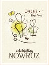 Nowruz greeting card. Holiday gifts. Arabian text Happy New Year Greeting card with classical symbols of New Year