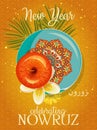 Nowruz greeting card. Holiday meal. Arabian text Happy New Year Greeting card with classical symbols of New Year