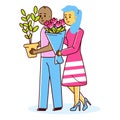Internationality modern family couple, female hold bouquet flower and male carry home pot plants line flat vector