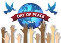 Internationnal Peace Day concept. Handup globe and dove background