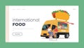 Internationsl Street Food, Van Cafe Landing Page Template. Young People Enjoying Hot Dogs In Outdoor Summer Bistro Royalty Free Stock Photo