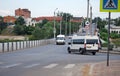 Internatsionalnaya Street and bridge through the river Krymza in the city of Syzran. City landscape. Samara region.