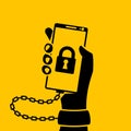 Internet addiction black icon. Hand in handcuff with chain holds smartphone.