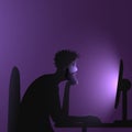 Internet addiction. A black man with an African hairstyle and beard sits at a computer late at night. Vector