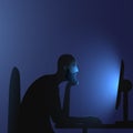 Internet addiction. A Caucasian hairless man with a beard sits at a computer late at night. Vector illustration of