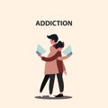 Internet addiction. Millennial couple staring into smartphones while hugging, vector illustration in flat style