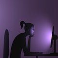 Internet addiction. A woman with a ponytail sits at a computer late at night. Vector illustration of people immersion to