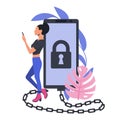 Internet addiction. Young girl in handcuff with chain holds smartphone