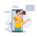 internet advertisement. a man shouting in loud speaker came out from smartphone. Influencer marketing,vector illustration Royalty Free Stock Photo