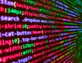 Internet app development and design. Creative Js HTML5 closeup set on background. Abstract program code on computer screen. Modern Royalty Free Stock Photo
