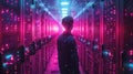 Internet Business, Network and cybersecurity of data center with engineer working in a server room computer