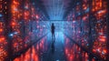 Internet Business, Network and cybersecurity of data center with engineer working in a server room computer