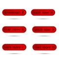 Internet buttons. Set of red web buttons. Download. Book now. Buy now. Watch now. Learn more. Read more. Red modern button whith Royalty Free Stock Photo