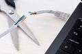 Internet cable laptop and scissors