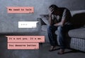 Internet chat composite with young man desperate suffering pain dumped by his girfriend via mobile phone receiving painful text Royalty Free Stock Photo