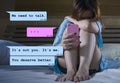 Internet chat composite with young woman desperate in bed suffering pain dumped by his boyfriend via mobile phone receiving Royalty Free Stock Photo