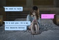 Internet chat composite with young woman desperate in bed suffering pain dumped by his boyfriend via mobile phone receiving Royalty Free Stock Photo